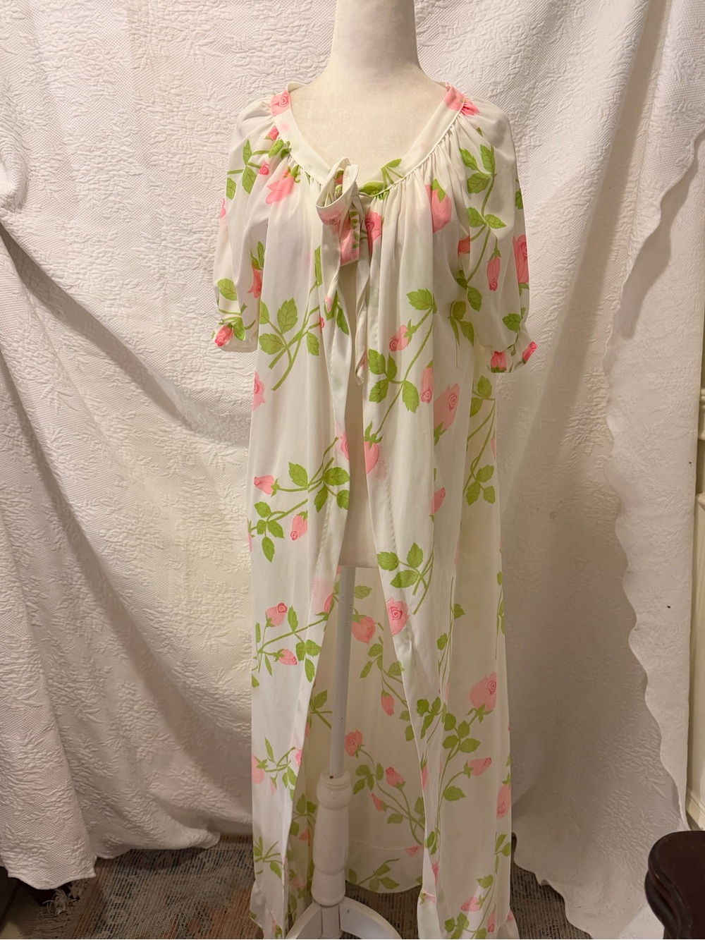 Vintage Floral Peignoir Robe Pink Rose Ivory Sheer Long Dressing Gown Cottagecor - Picture 5 of 14